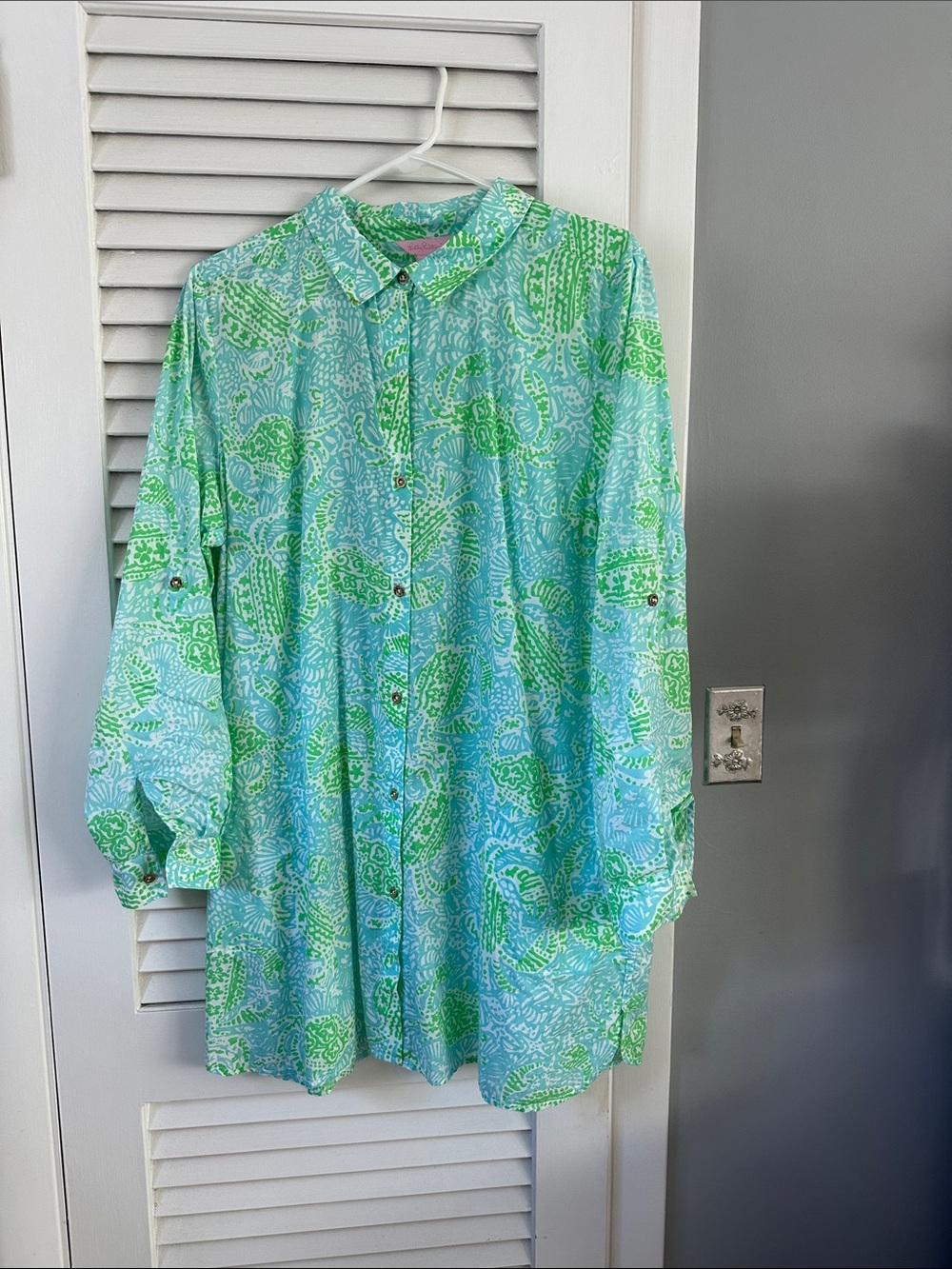 Lilly Pulitzer Aqua and Lime Paisley Button-Down beach Cover-up